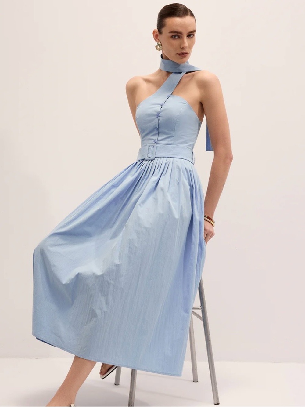 Commense Light Blue Halter Midi Dress with Belted Waist - Picture 3 of 6